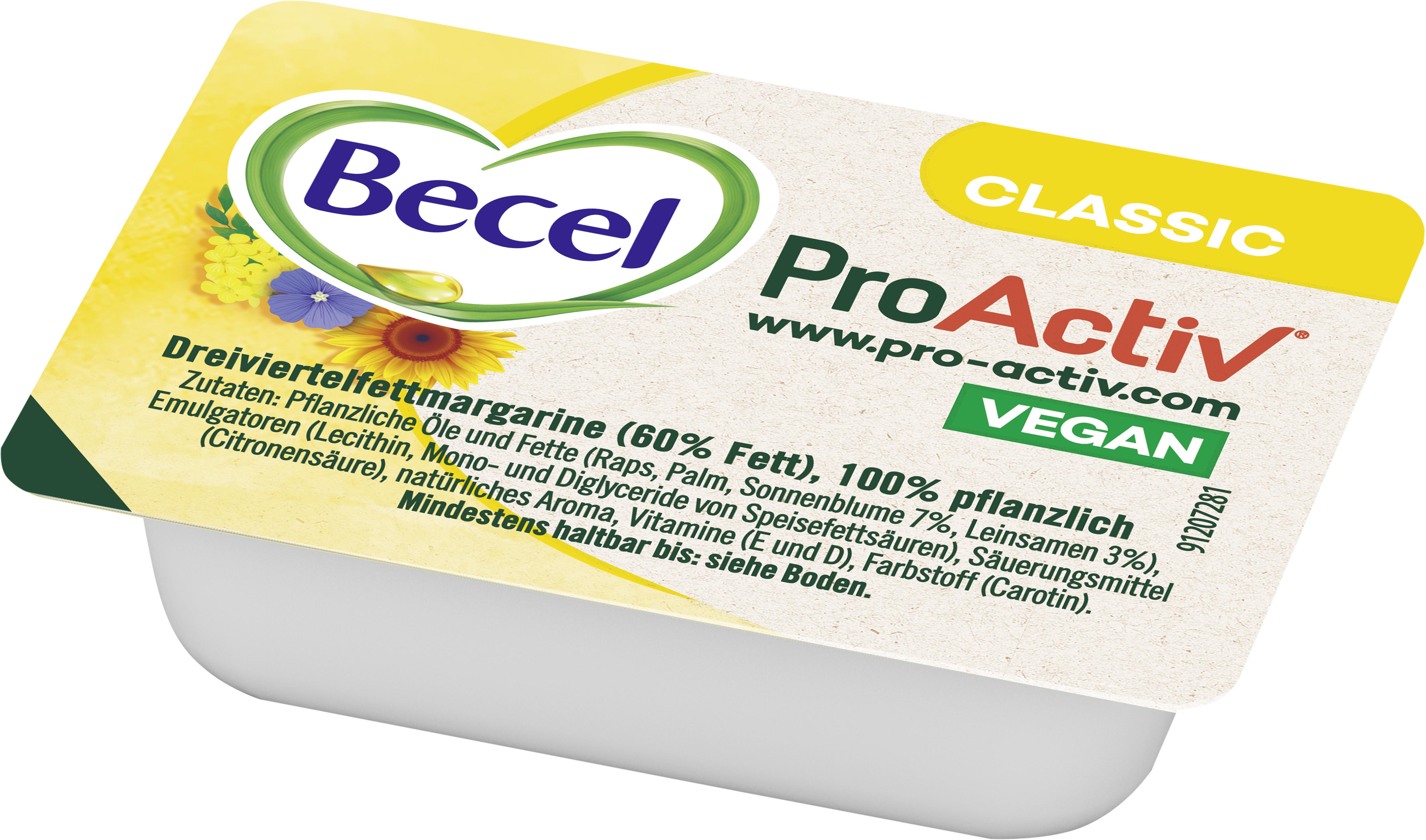 Becel PA Classic PP 60% 100x10g PK BECEL Portionen – fettreduzierte Pflanzenmargarine mit 60% Fett. Eignet sich besonders für eine cholesterinbewusste Ernährung.