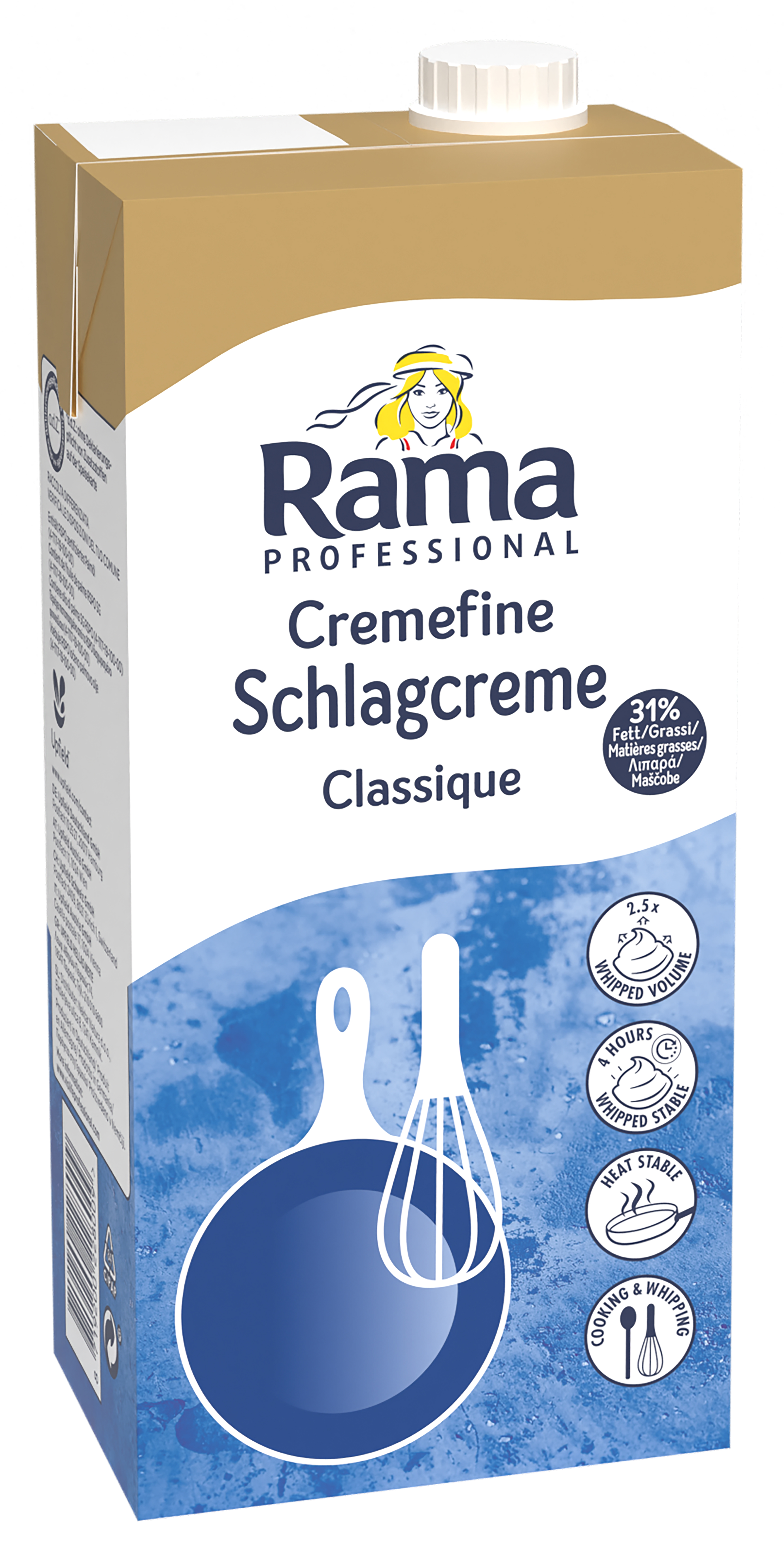 RAMA Schlagcreme 1L 31% Typ90 "Rama Cremefine Schlagcreme - perfekt zum Kochen, Verfeinern und natürlich Aufschlagen. 

Die Schlagcreme verleiht nicht nur jedem Gericht einen herrlich cremigen Geschmack, sie ist auch aufgeschlagen ein absoluter Genuss.

Dabei bietet Rama Cremefine höchste Stabilität. Kein Gerinnen - kein Trennen oder Ausflocken, selbst bei Zugabe von Alkohol oder Fruchtsäure. Das Produkt ist Hitzebeständig und gefrierstabil nach Verarbeitung und es lässt sich bis zu 50% höher Aufschlagen als herkömmliche Sch