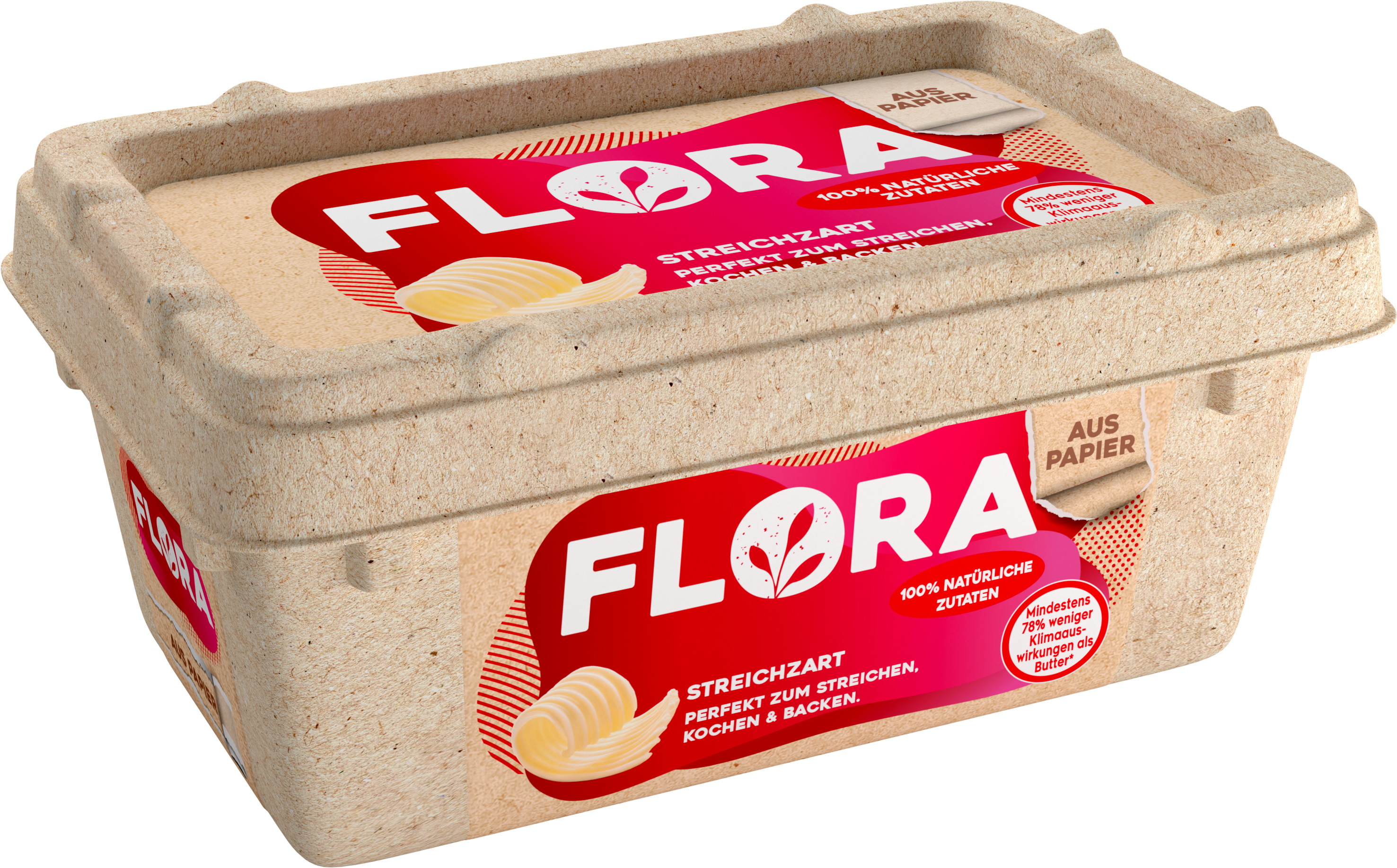 Flora PaperTub 8x200g Flora, the 100% plant-based alternative to butter in practical paper packaging, tastes delicious and is perfect for spreading, cooking and baking - just like butter. 
It is spreadable right out of the fridge and, thanks to its paper packaging, can easily be disposed of in the paper bin.
And with at least 77% less climate impact than dairy butter*, you really make a sustainable difference by using our Flora in paper tub. 
*Life cycle assessment tool (developed by Quantis) comparing flora and dair