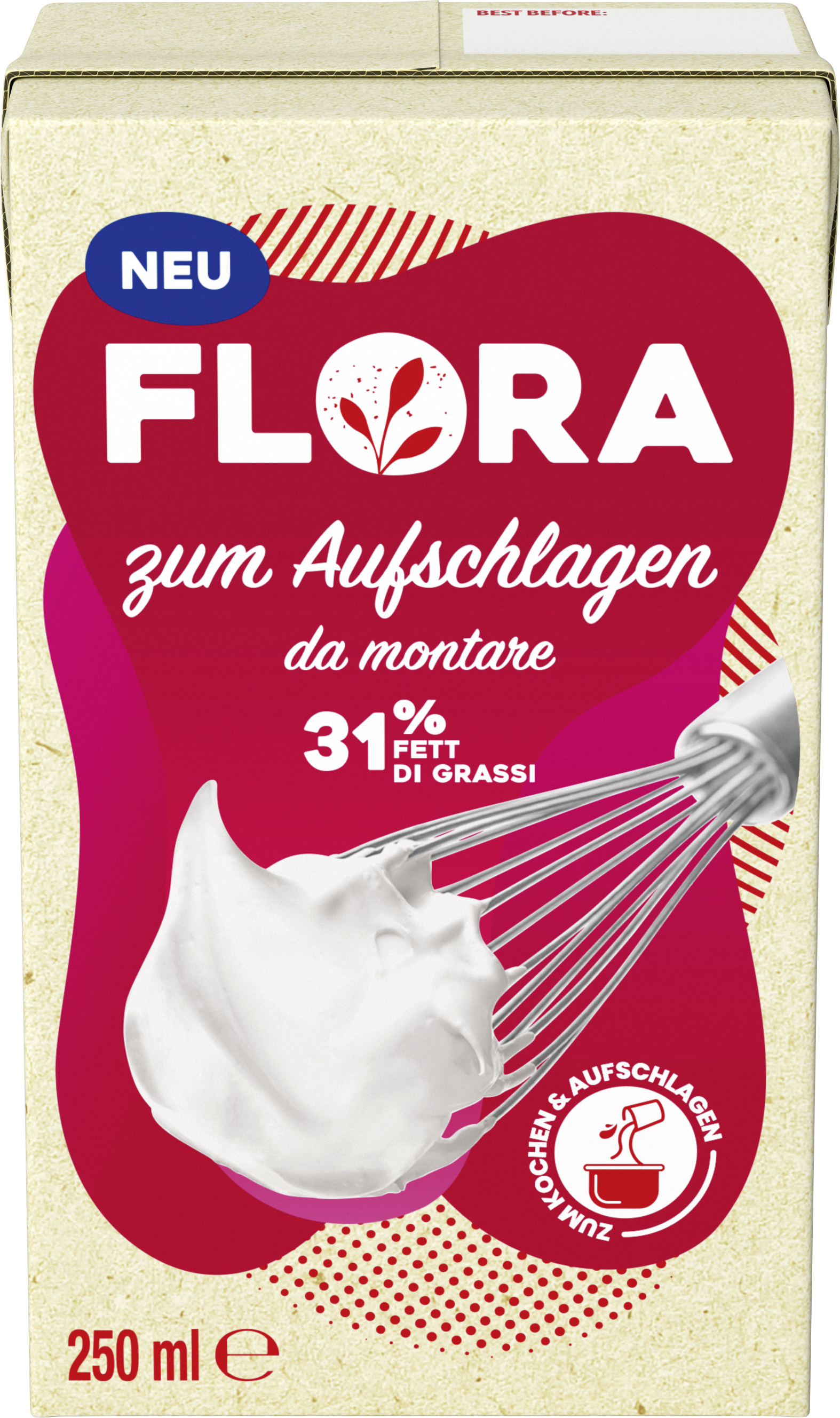Flora Aufschlagen 31% Fett 250ml Flora for cooking and whipping. To be used like diary cream but is 100% plant-based. Skip the cow.