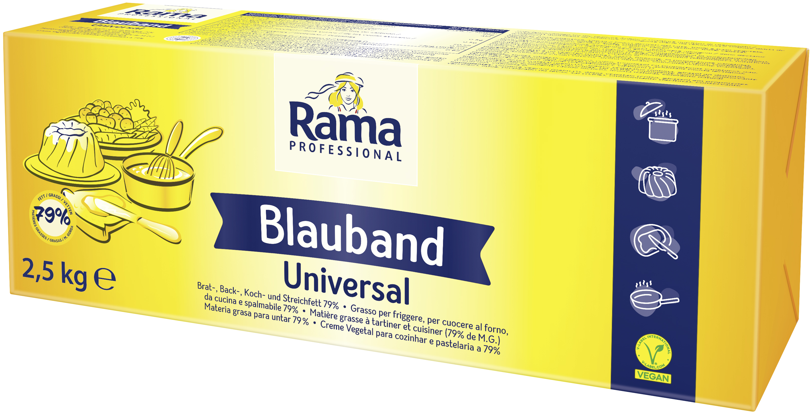 Rama Blauband 2,5kg "Der Klassiker für jeden Profi: Rama Professional Blauband. 

Ein unverzichtbarer Küchen-Helfer für alle Anwendungen: Zum Kochen, Backen, Braten und Streichen.

Dank neuer Rezeptur noch besser zum Kochen zu verwenden.

Natürlich frei von laktosehaltigen und glutenhaltigen Zutaten sowie Allergenen. "