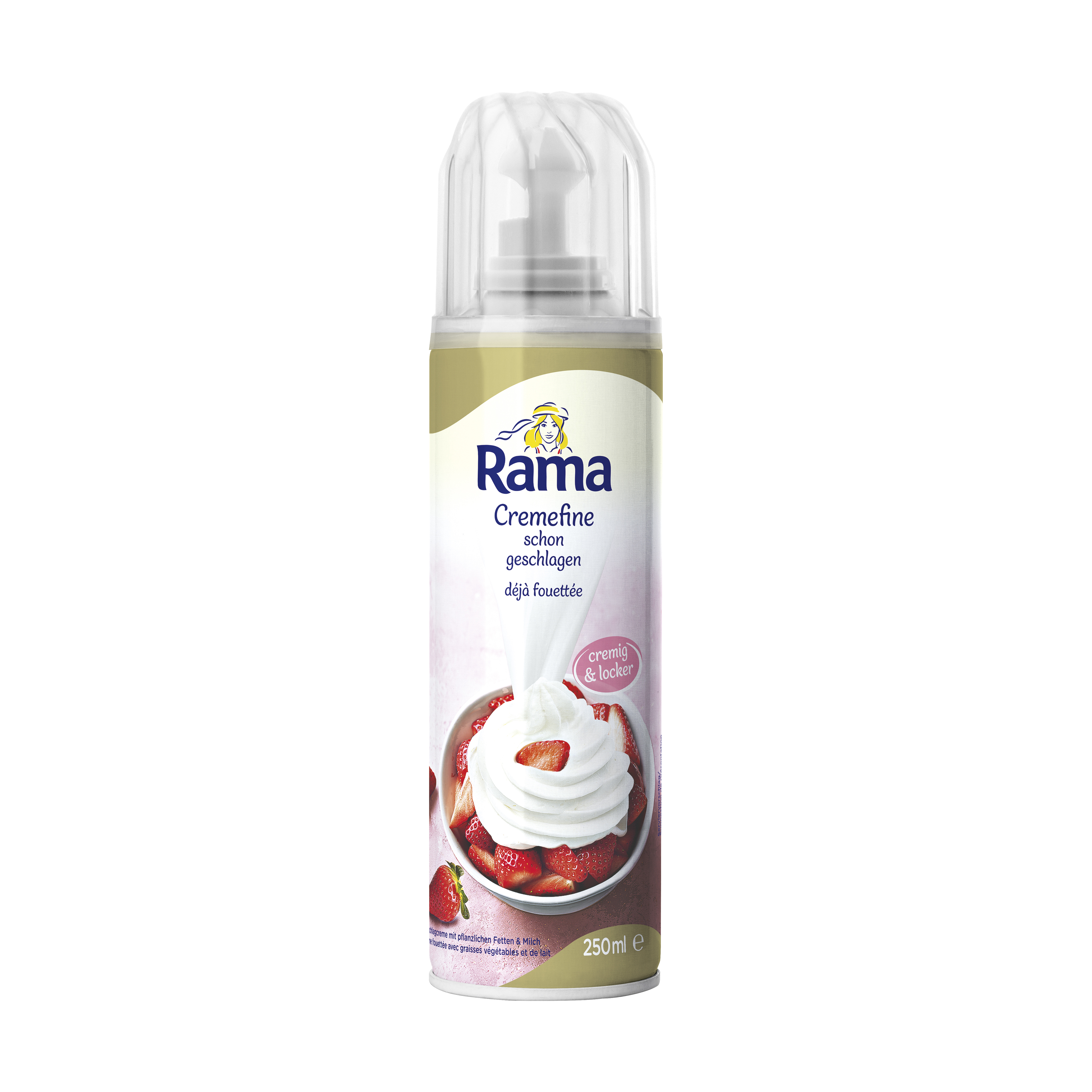 Cremefine whipped cream, 250ml can Creamy, fluffy and ready to use: At the touch of a button, Rama Cremefine gives you fluffy whipped cream to add the finishing touch to cakes, pies, waffles, fruits and desserts.