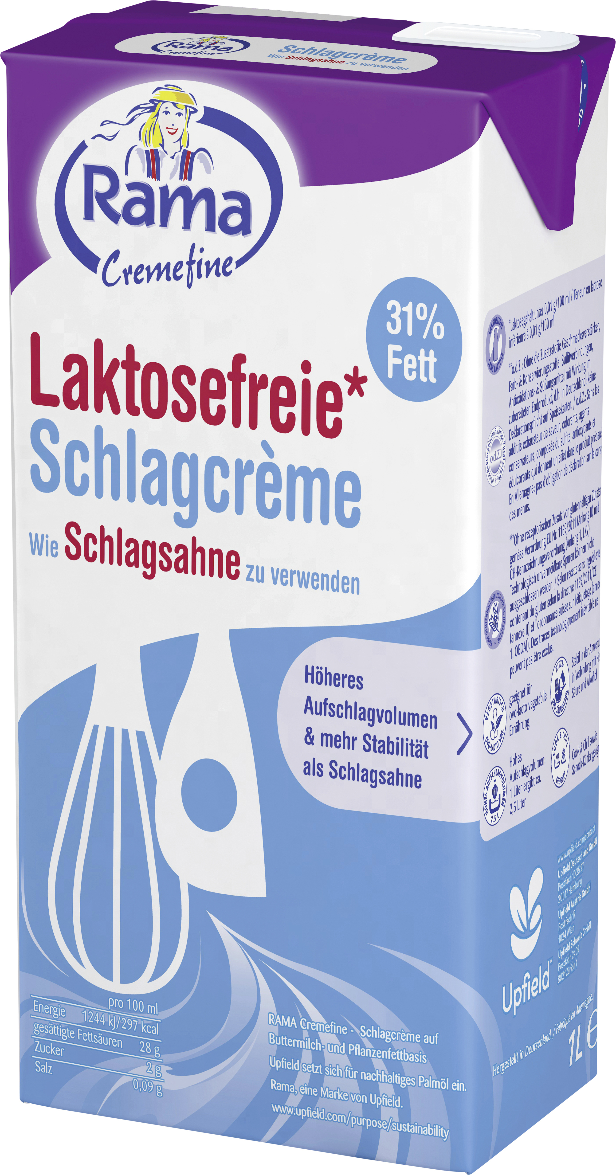 Rama CF LacFr Schlag 31% 1L PK "Rama Cremefine Schlagcreme - perfekt zum Kochen, Verfeinern und natürlich Aufschlagen. Speziell für Gäste mit Laktoseintoleranz.

Die Schlagcreme verleiht nicht nur jedem Gericht einen herrlich cremigen Geschmack, sie ist auch aufgeschlagen ein absoluter Genuss.

Dabei bietet Rama Cremefine höchste Stabilität. Kein Gerinnen - kein Trennen oder Ausflocken, selbst bei Zugabe von Alkohol oder Fruchtsäure. Hitzebeständig und gefrierstabil nach Verarbeitung. Das Produkt lässt sich bis zu 50% höher A